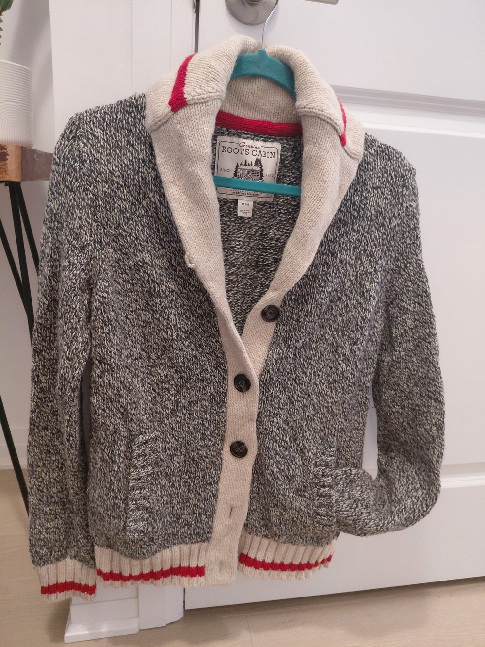 Roots Cabin Shawl Collar Cardigan - Gray, Cream & Red